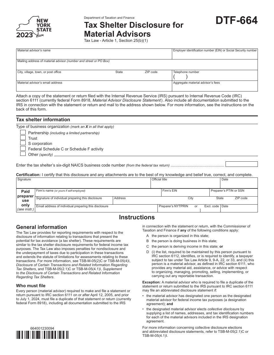 Form DTF-664 Tax Shelter Disclosure for Material Advisors - New York, Page 1