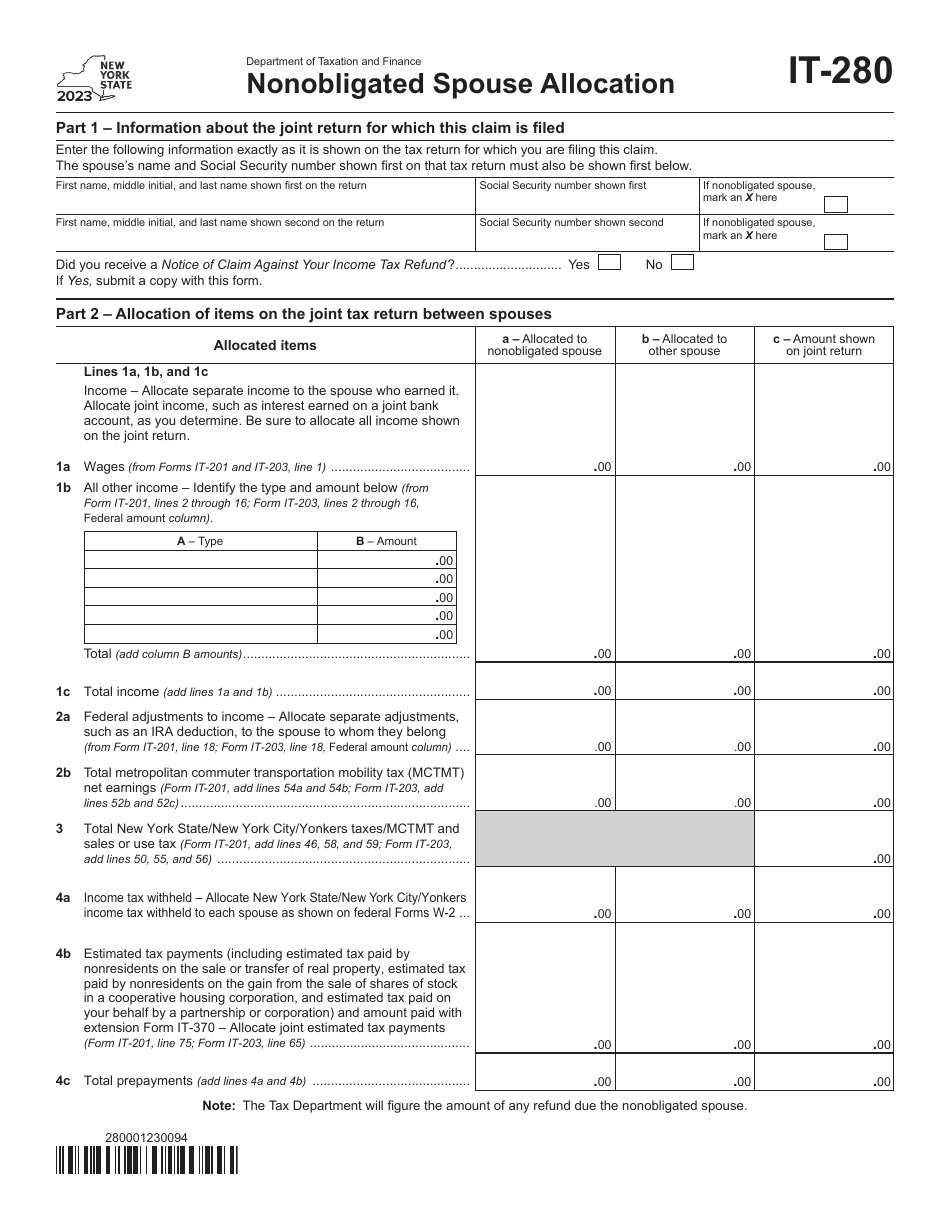 Form IT-280 Nonobligated Spouse Allocation - New York, Page 1