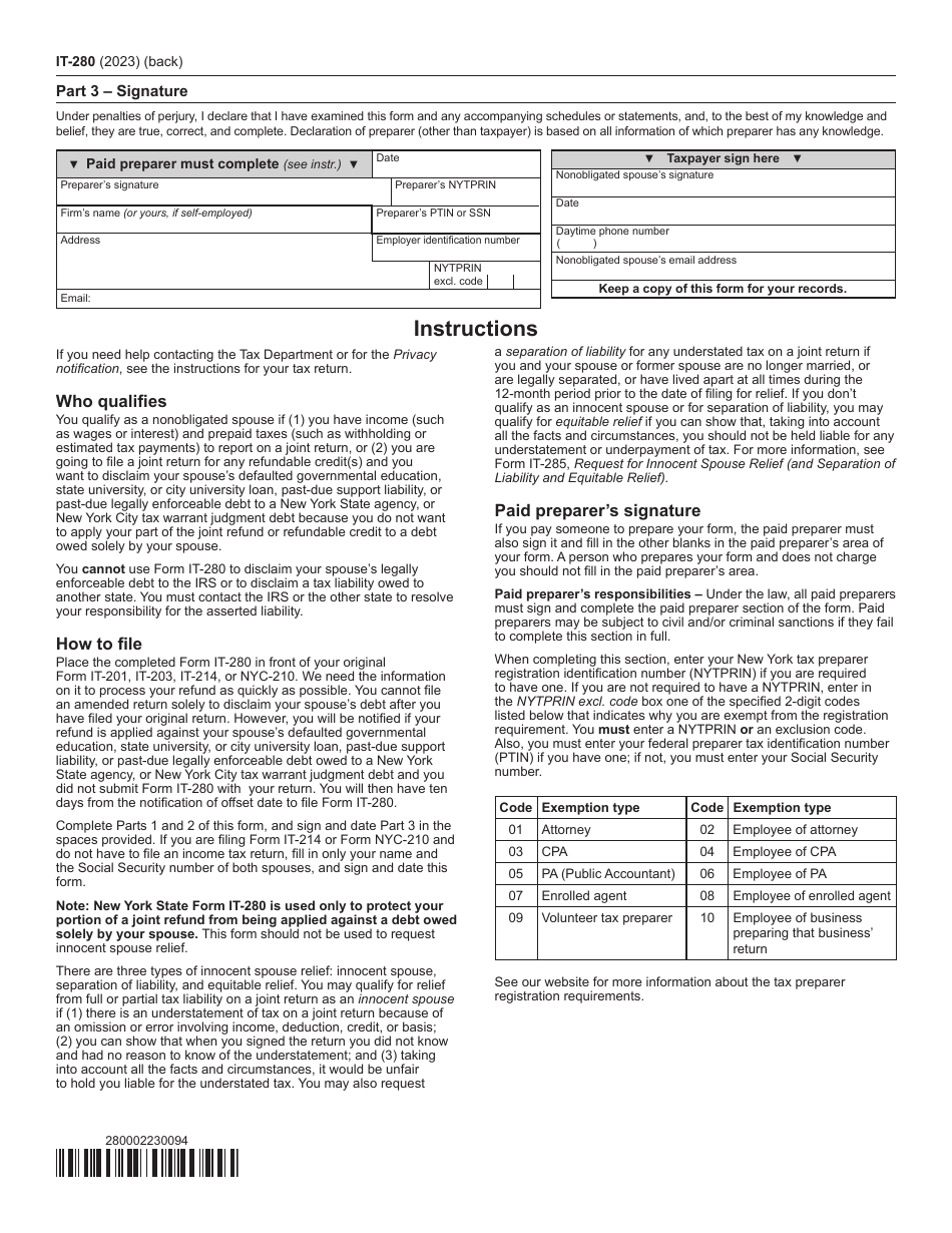 Form IT-280 Nonobligated Spouse Allocation - New York, Page 2