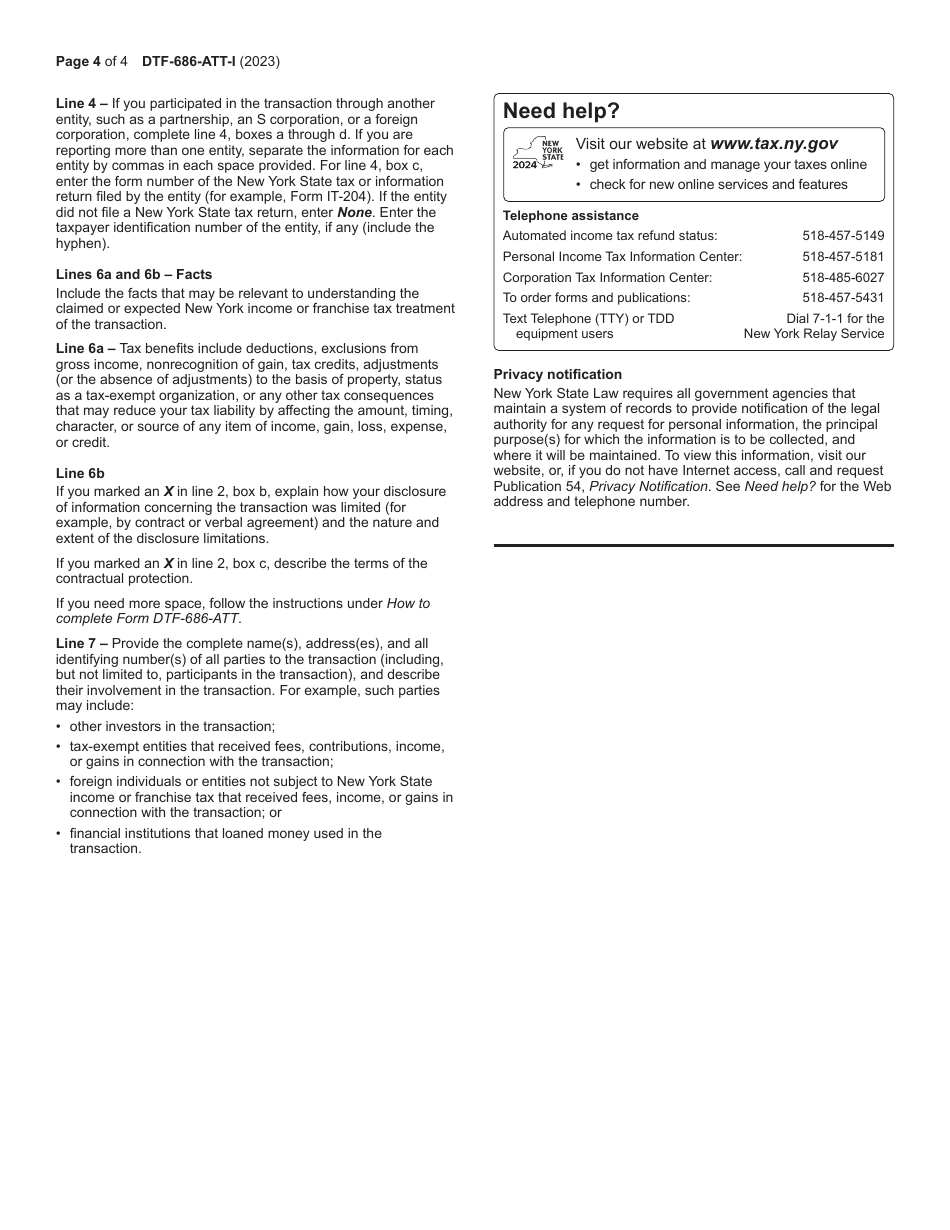 Instructions for Form DTF-686-ATT New York Reportable Transaction Disclosure Statement and Request for a Determination - New York, Page 4