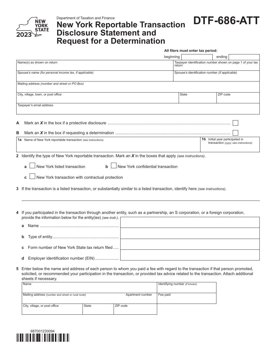Large Reportable Transaction Form DTF-686-ATT Download Fillable PDF or Fill Online New York ...