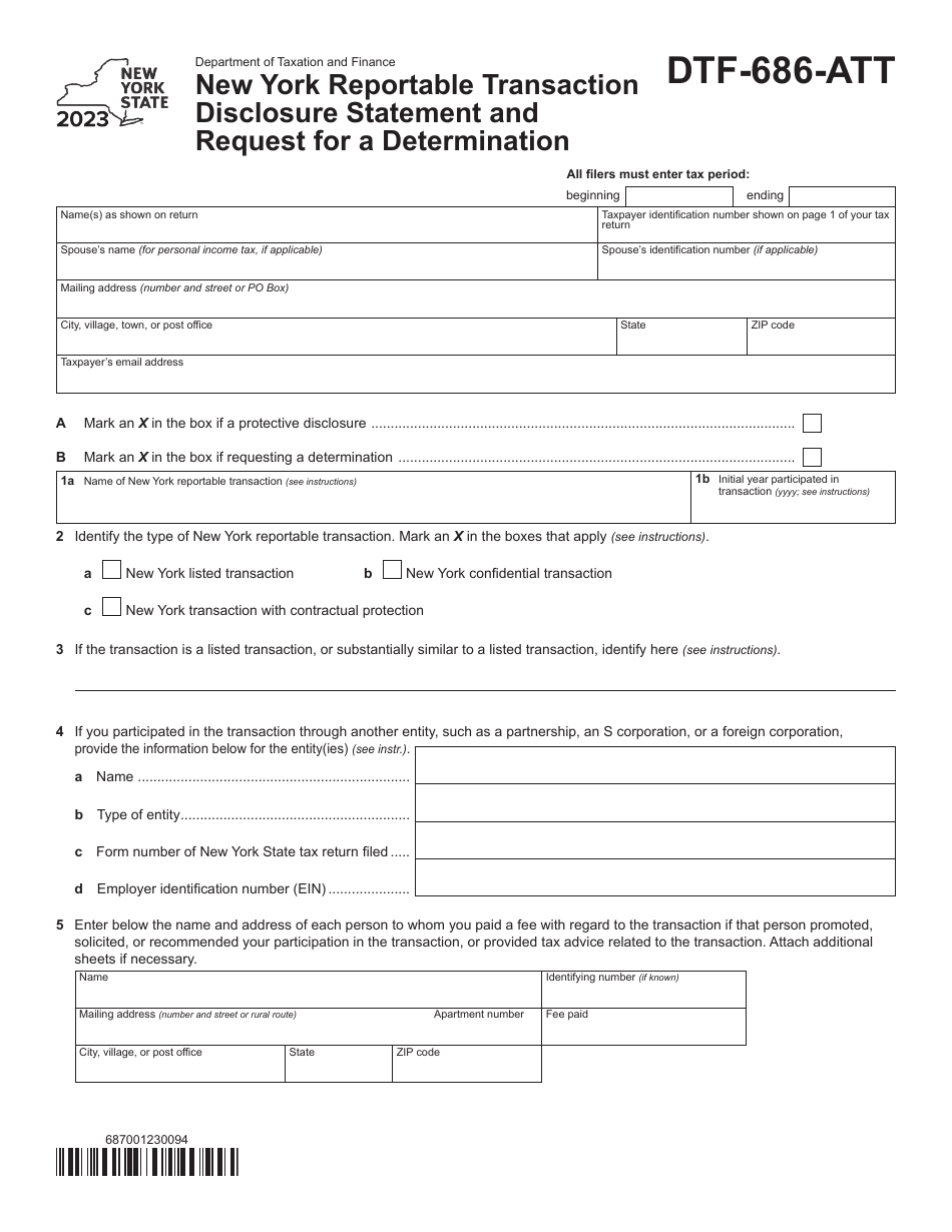 Form DTF-686-ATT New York Reportable Transaction Disclosure Statement and Request for a Determination - New York, Page 1