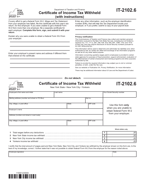 Form IT-2102.6 Certificate of Income Tax Withheld - New York, 2023