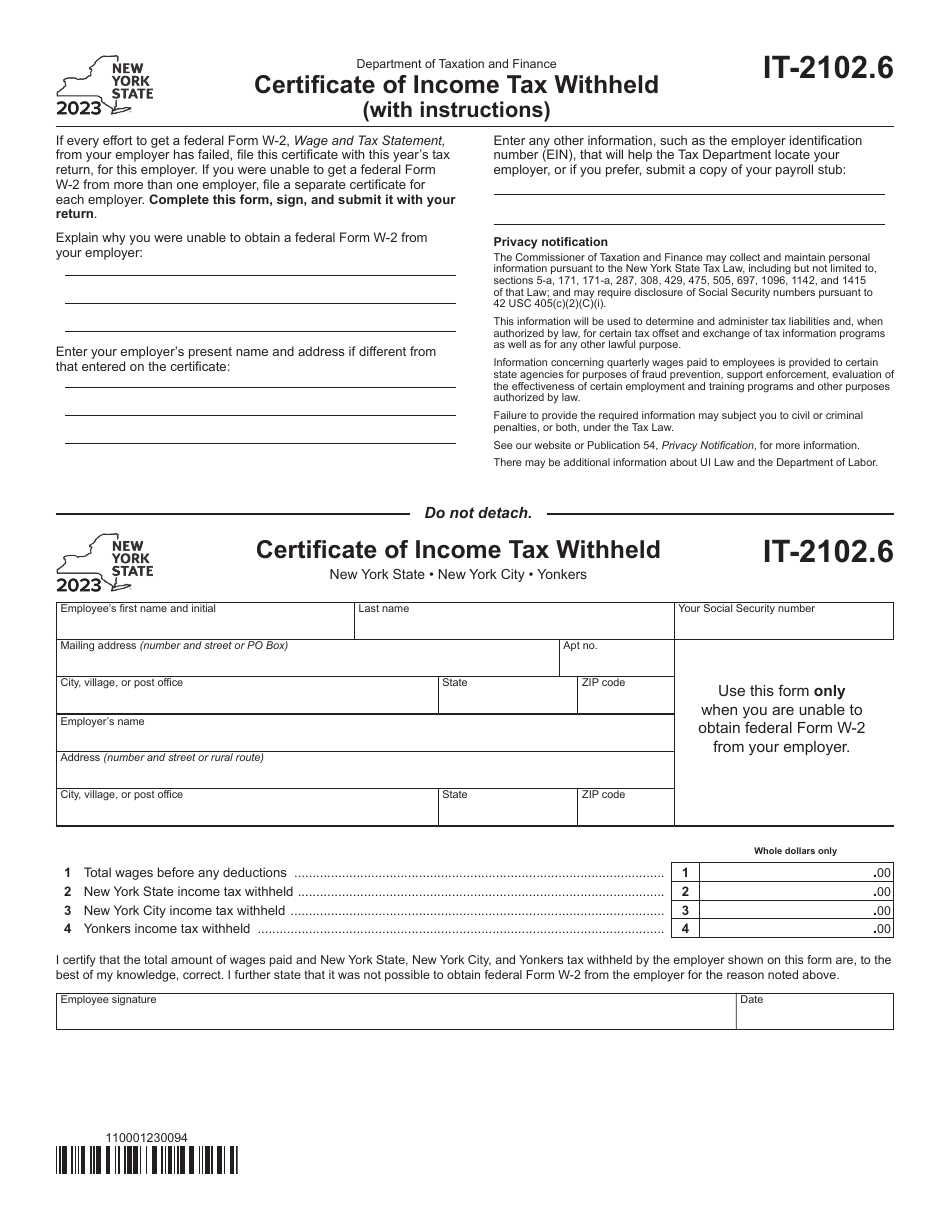 Form IT-2102.6 Certificate of Income Tax Withheld - New York, Page 1