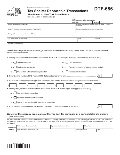 Form DTF-686 Tax Shelter Reportable Transactions - New York, 2023