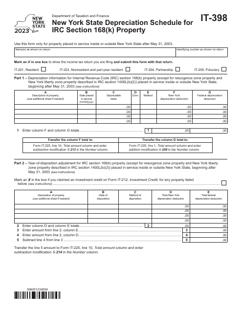 Form IT-398 New York State Depreciation Schedule for IRC Section 168(K) Property - New York, 2023