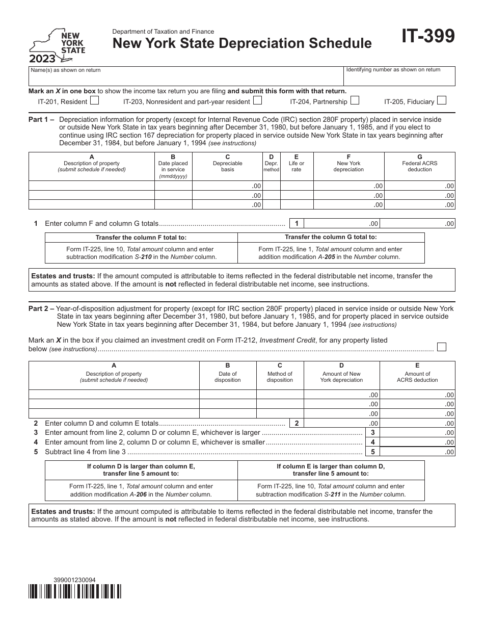 Form IT-399 New York State Depreciation Schedule - New York, Page 1