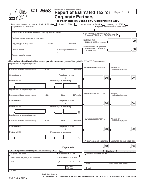 Form CT-2658 Report of Estimated Tax for Corporate Partners - New York, 2024