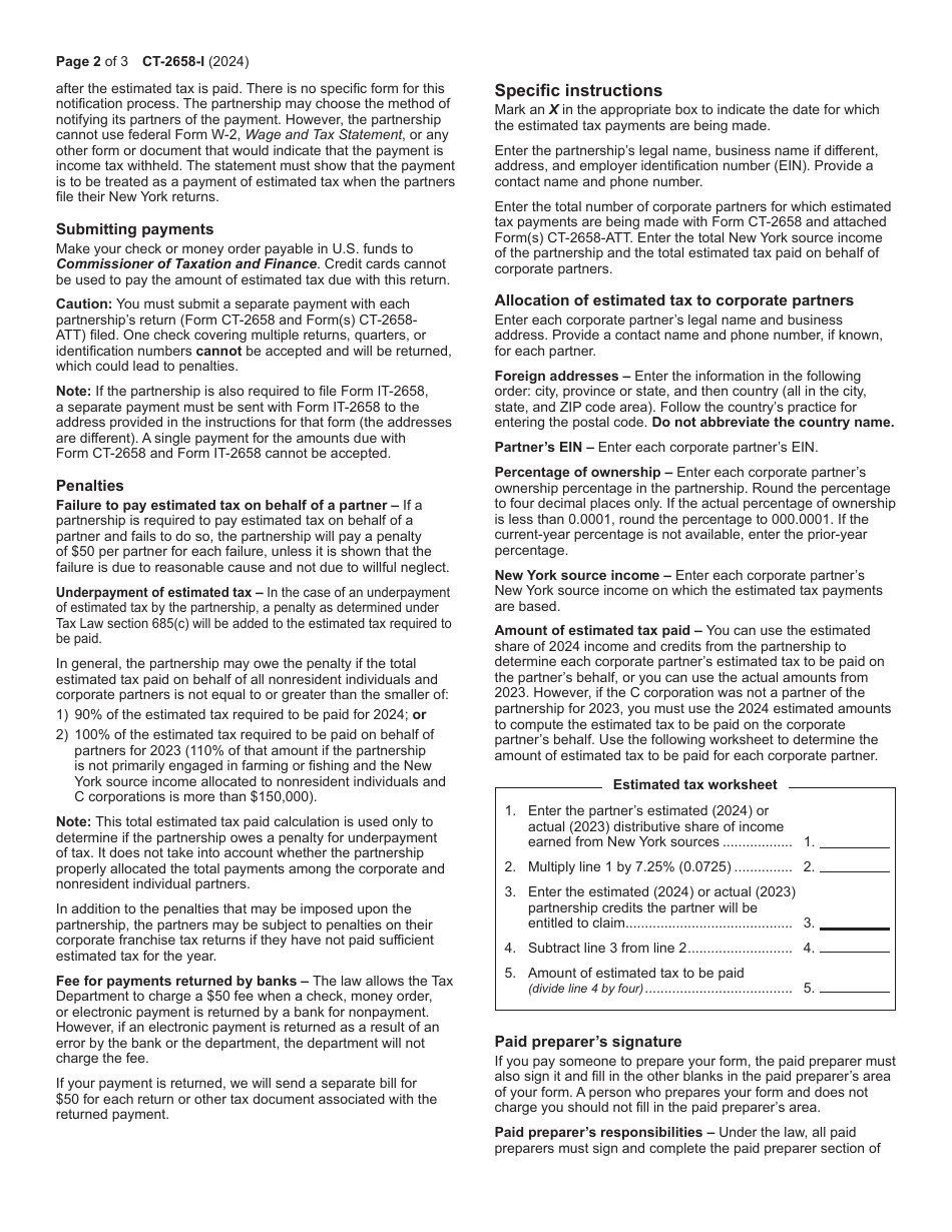 Instructions for Form CT-2658 Report of Estimated Tax for Corporate Partners - New York, Page 2