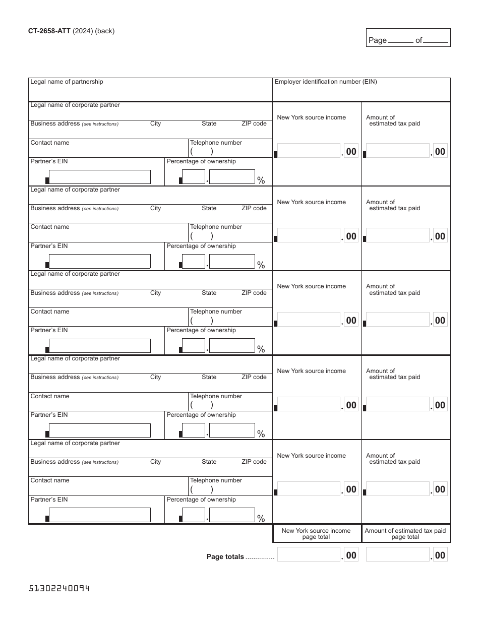 Form CT-2658-ATT Attachment to Report of Estimated Tax for Corporate Partners for Payments on Behalf of C Corporations Only - New York, Page 2