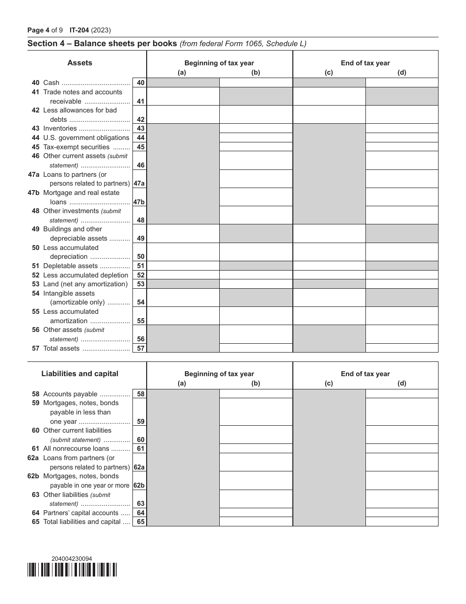 Form IT-204 Partnership Return - New York, Page 4