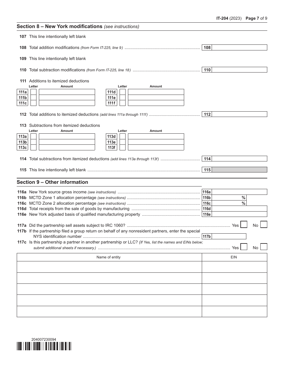Form IT-204 Partnership Return - New York, Page 7