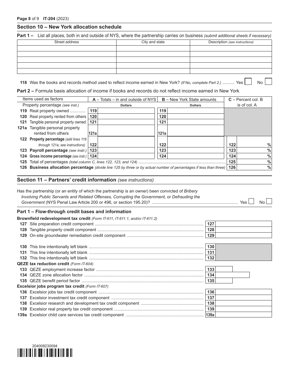 Form IT-204 Partnership Return - New York, Page 8