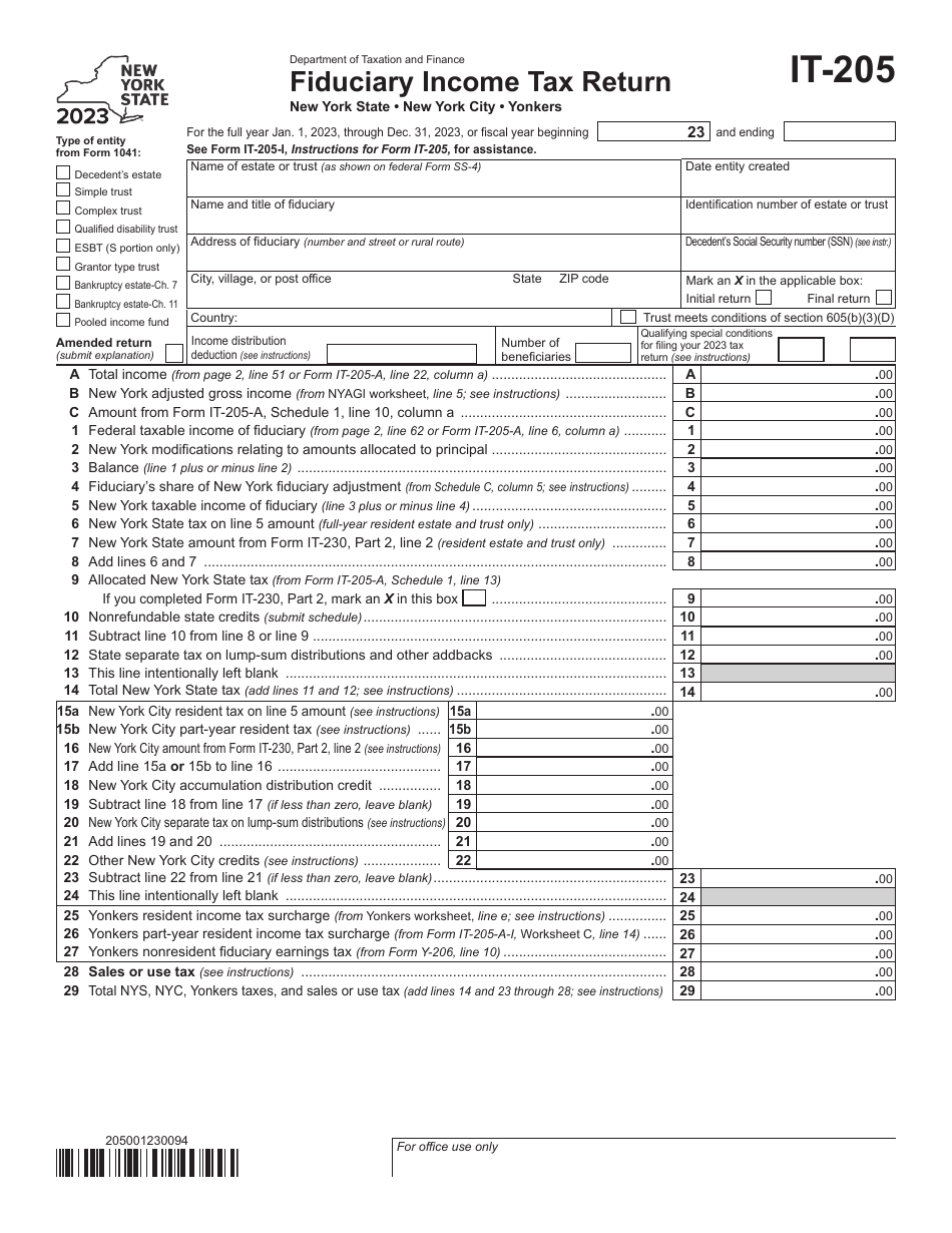 Form IT-205 Fiduciary Income Tax Return - New York, Page 1