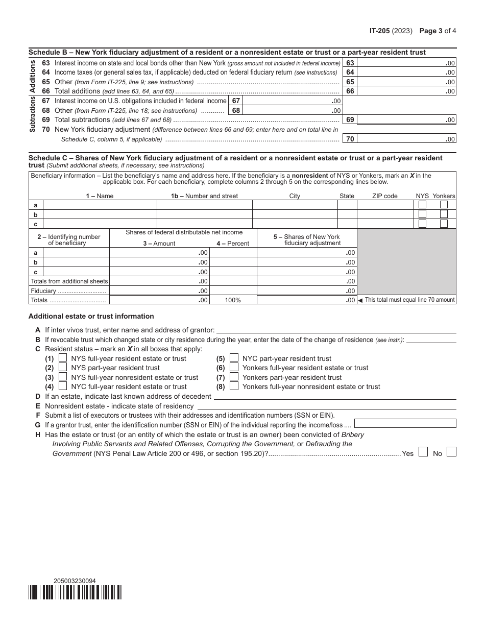 Form IT-205 Fiduciary Income Tax Return - New York, Page 3