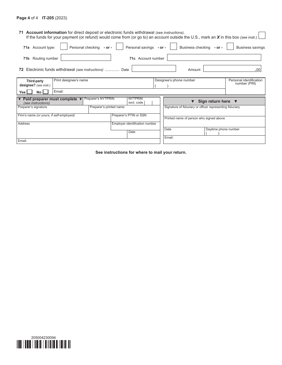 Form IT-205 Fiduciary Income Tax Return - New York, Page 4