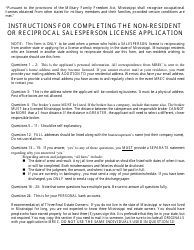 Application for a Non-resident or Reciprocal Salesperson&#039;s License - Mississippi