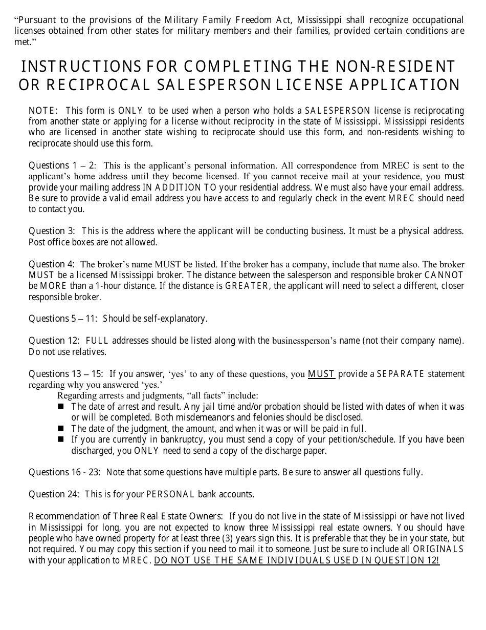 Application for a Non-resident or Reciprocal Salespersons License - Mississippi, Page 1