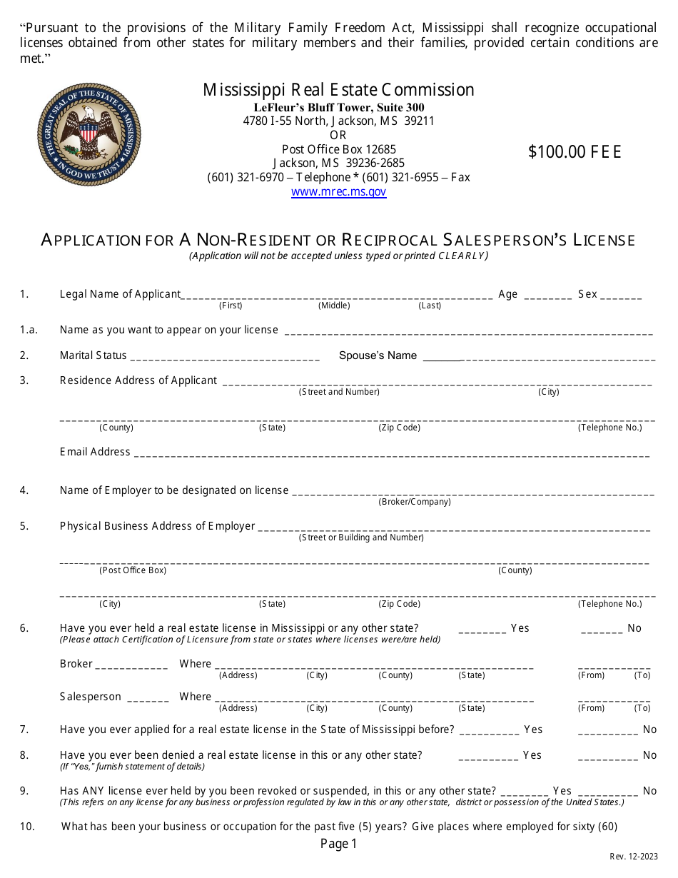 Application for a Non-resident or Reciprocal Salespersons License - Mississippi, Page 3