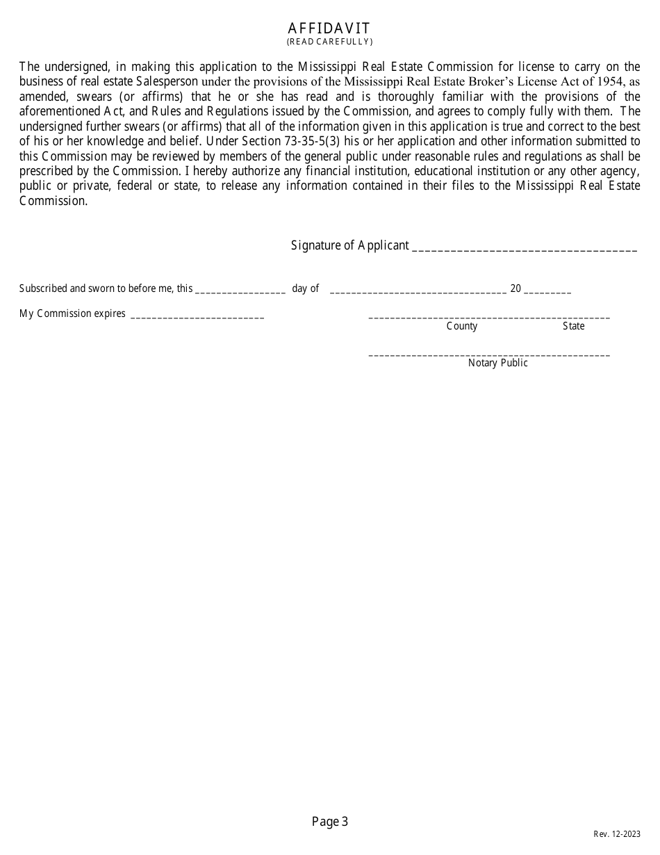 Application for a Non-resident or Reciprocal Salespersons License - Mississippi, Page 5