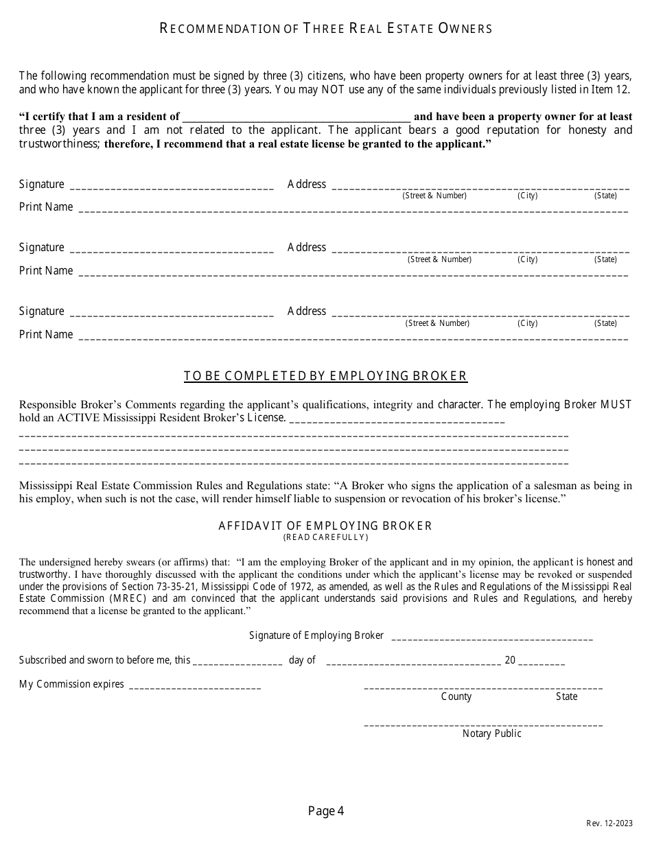 Application for a Non-resident or Reciprocal Salespersons License - Mississippi, Page 6