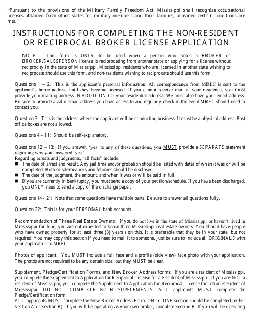 Application for a Non-resident or Reciprocal Broker's License - Mississippi Download Pdf