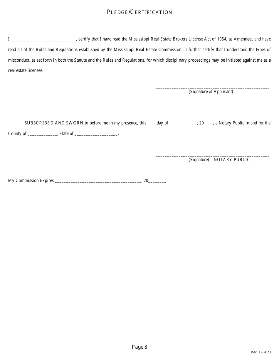 Application for a Non-resident or Reciprocal Brokers License - Mississippi, Page 10