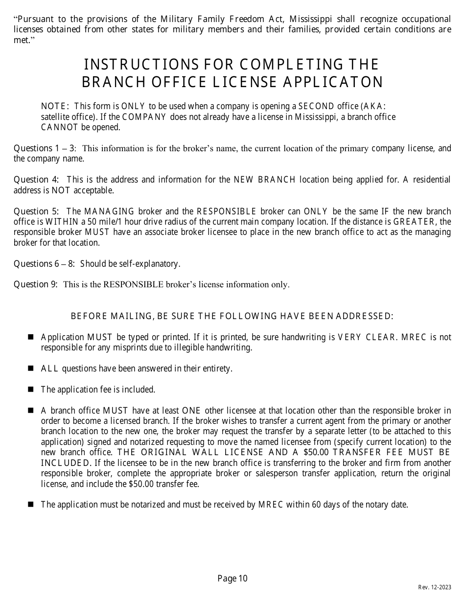 Application for a Non-resident or Reciprocal Brokers License - Mississippi, Page 12