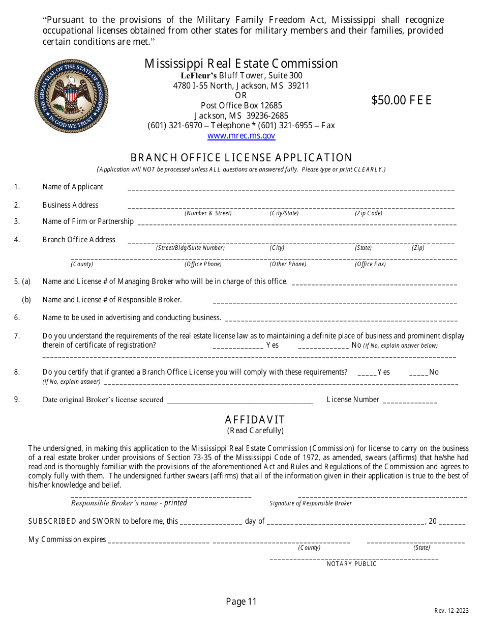 Mississippi Application for a Non-resident or Reciprocal Broker's ...