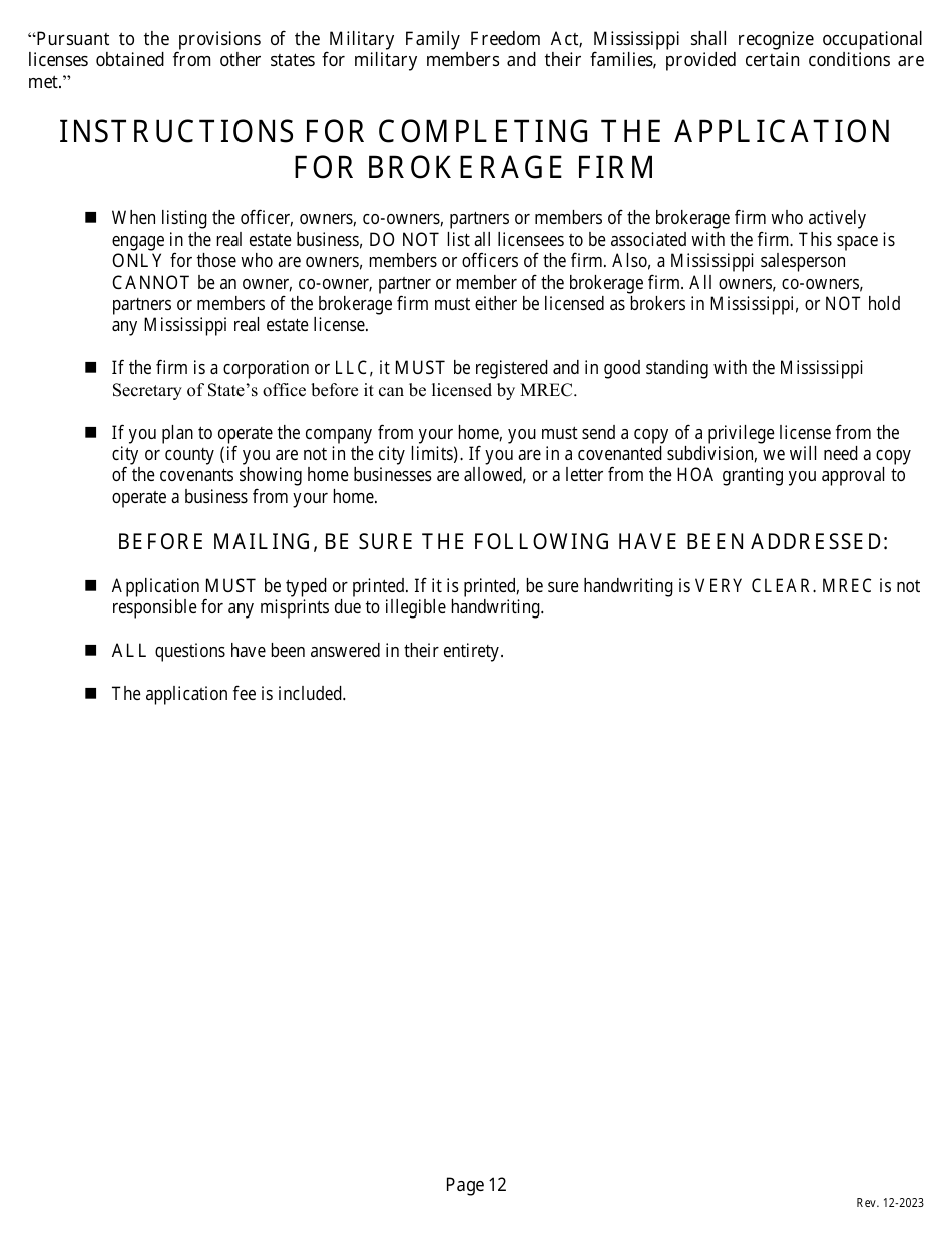Application for a Non-resident or Reciprocal Brokers License - Mississippi, Page 14