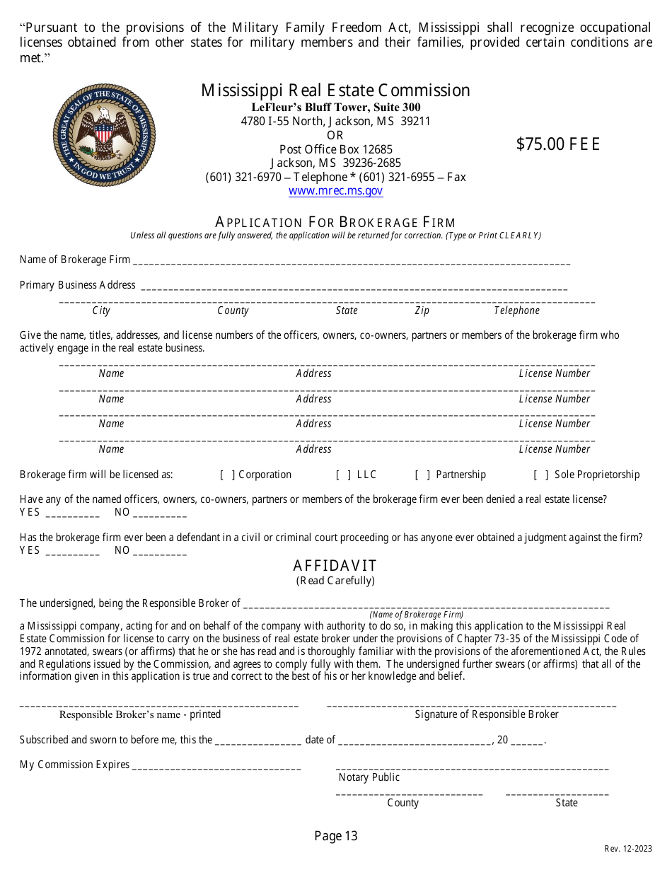 Application for a Non-resident or Reciprocal Brokers License - Mississippi, Page 15