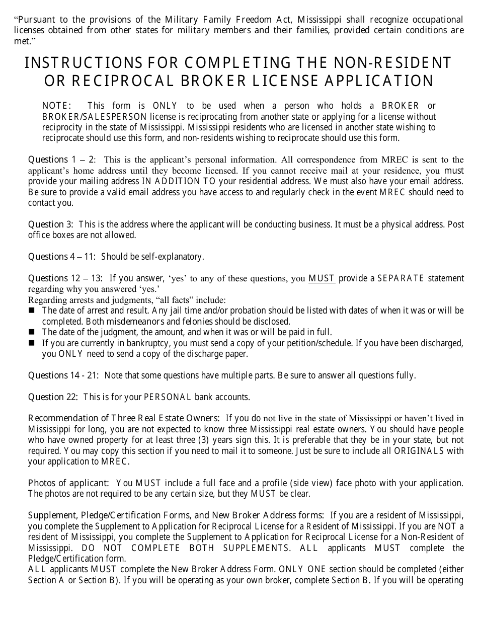 Application for a Non-resident or Reciprocal Brokers License - Mississippi, Page 1