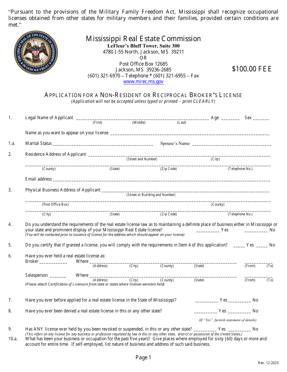 Application for a Non-resident or Reciprocal Brokers License - Mississippi, Page 3