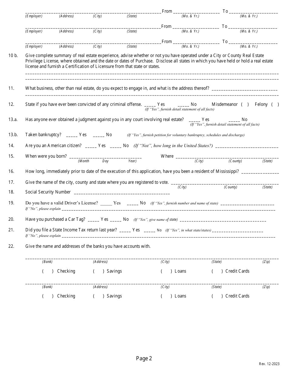 Application for a Non-resident or Reciprocal Brokers License - Mississippi, Page 4