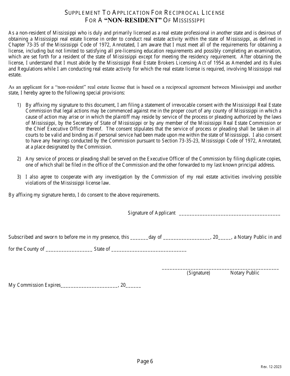 Application for a Non-resident or Reciprocal Brokers License - Mississippi, Page 8