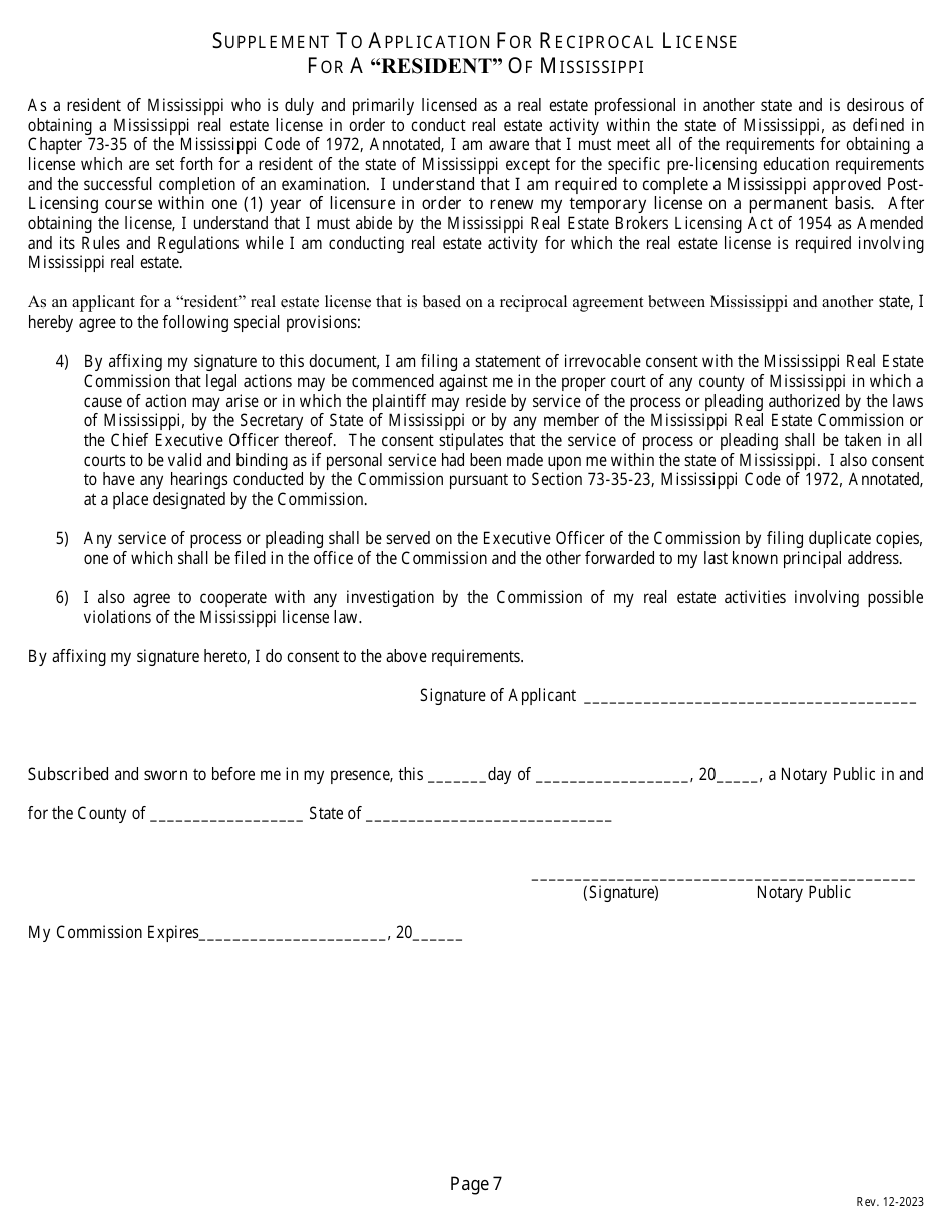 Application for a Non-resident or Reciprocal Brokers License - Mississippi, Page 9
