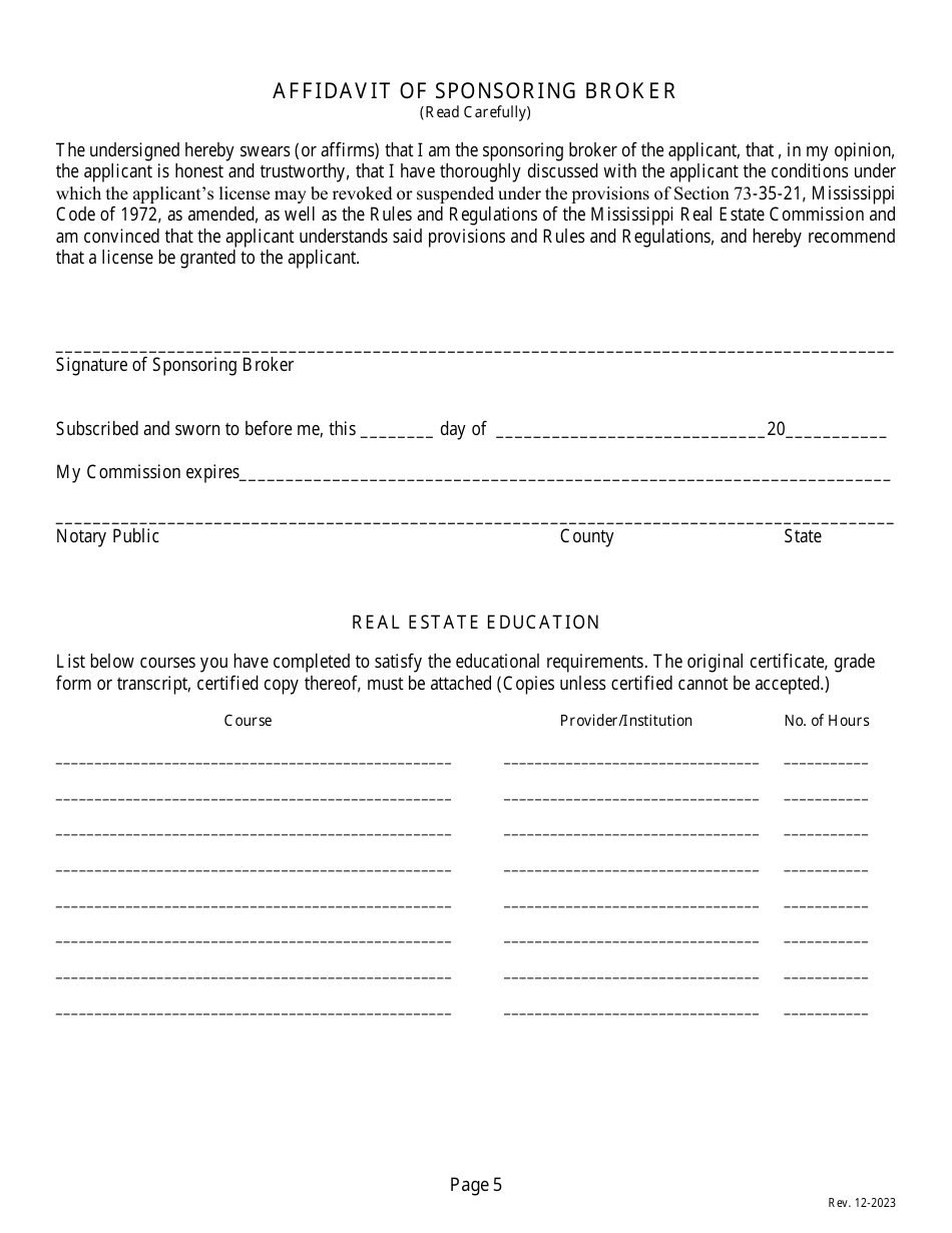 Application for Resident Salesperson License - Mississippi, Page 7