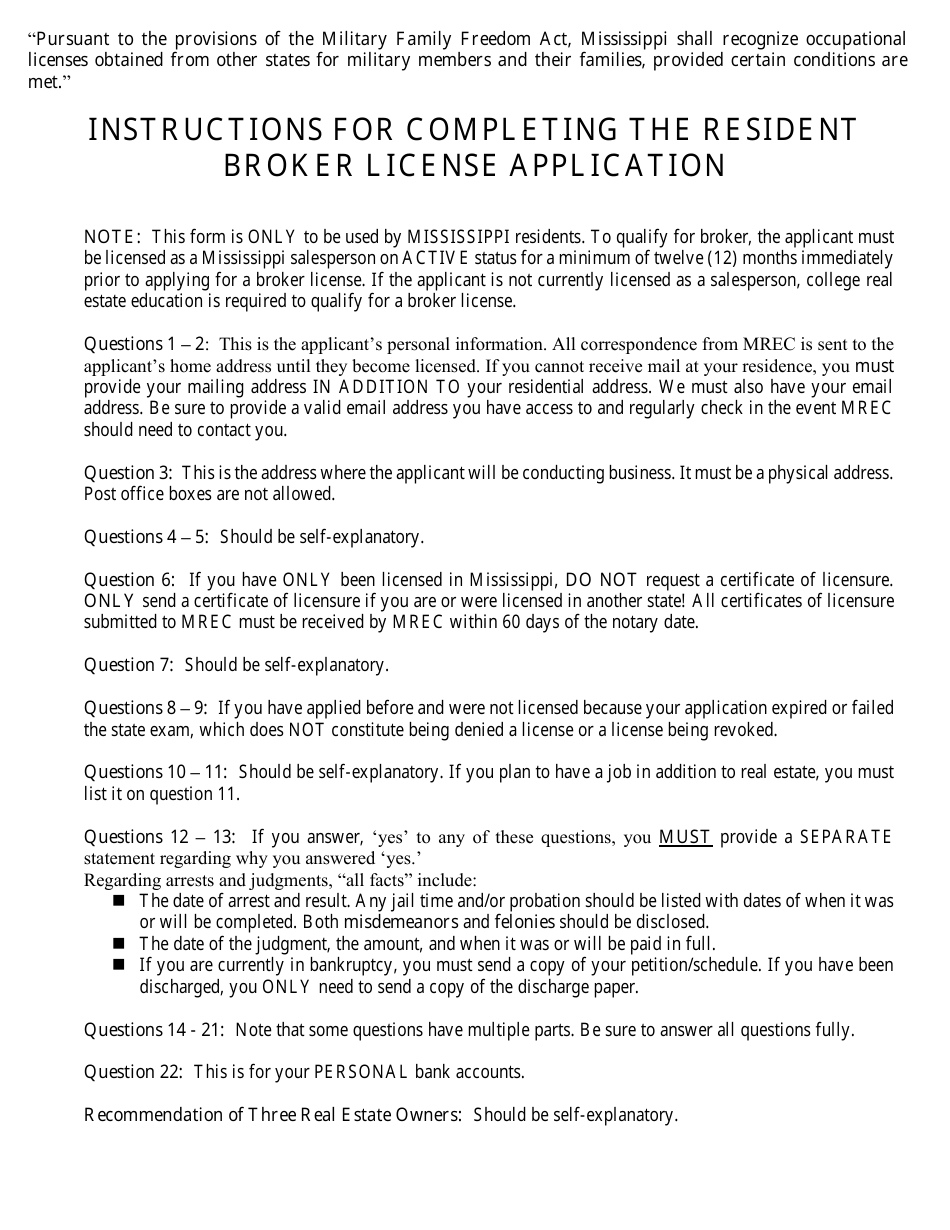 Mississippi Application for Resident Broker's License Download