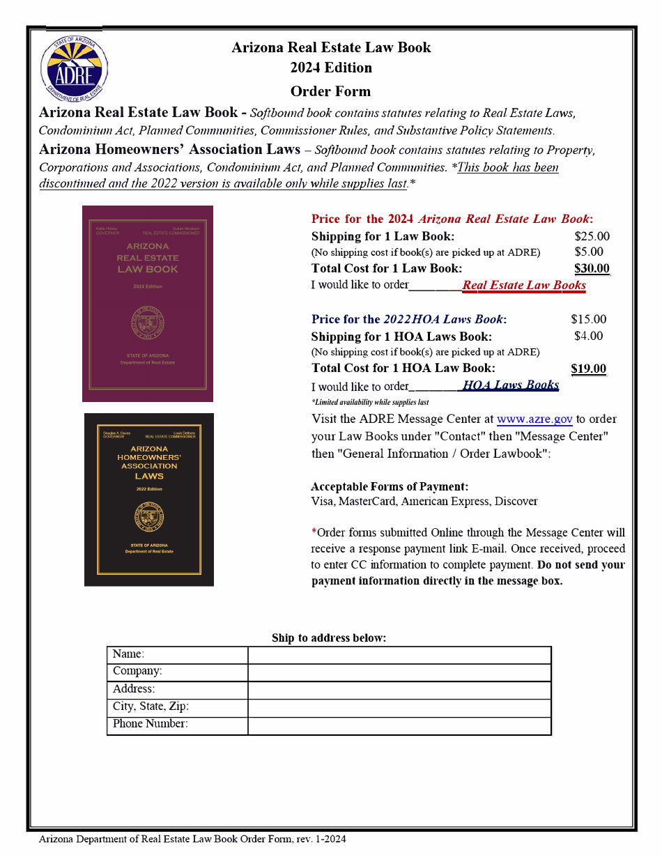 Arizona Real Estate Law Book Order Form - Arizona, Page 1