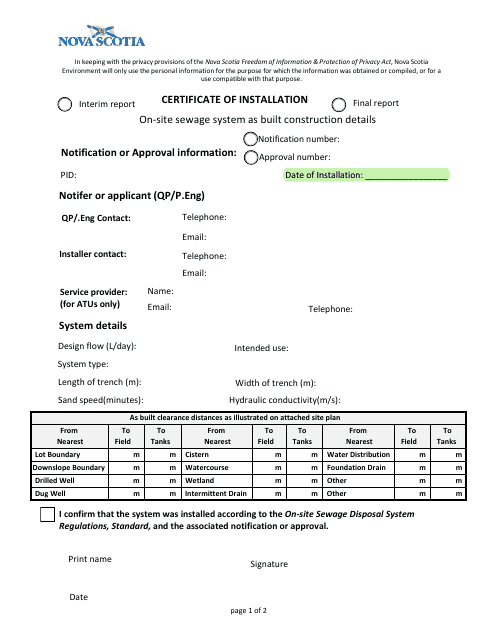 Certificate of Installation - Nova Scotia, Canada