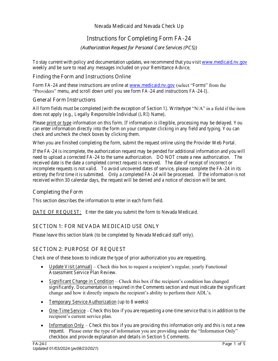Instructions for Form FA-24 Authorization Request for Personal Care Services (PCS) - Nevada, Page 1