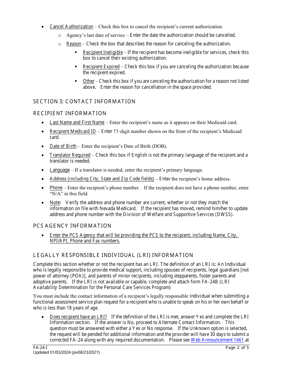 Instructions for Form FA-24 Authorization Request for Personal Care Services (PCS) - Nevada, Page 2