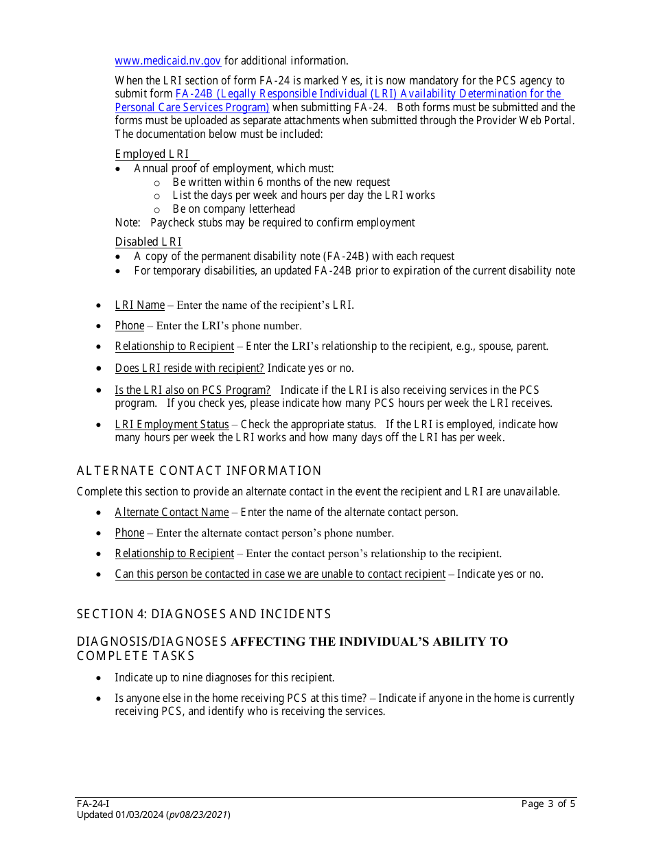 Instructions for Form FA-24 Authorization Request for Personal Care Services (PCS) - Nevada, Page 3
