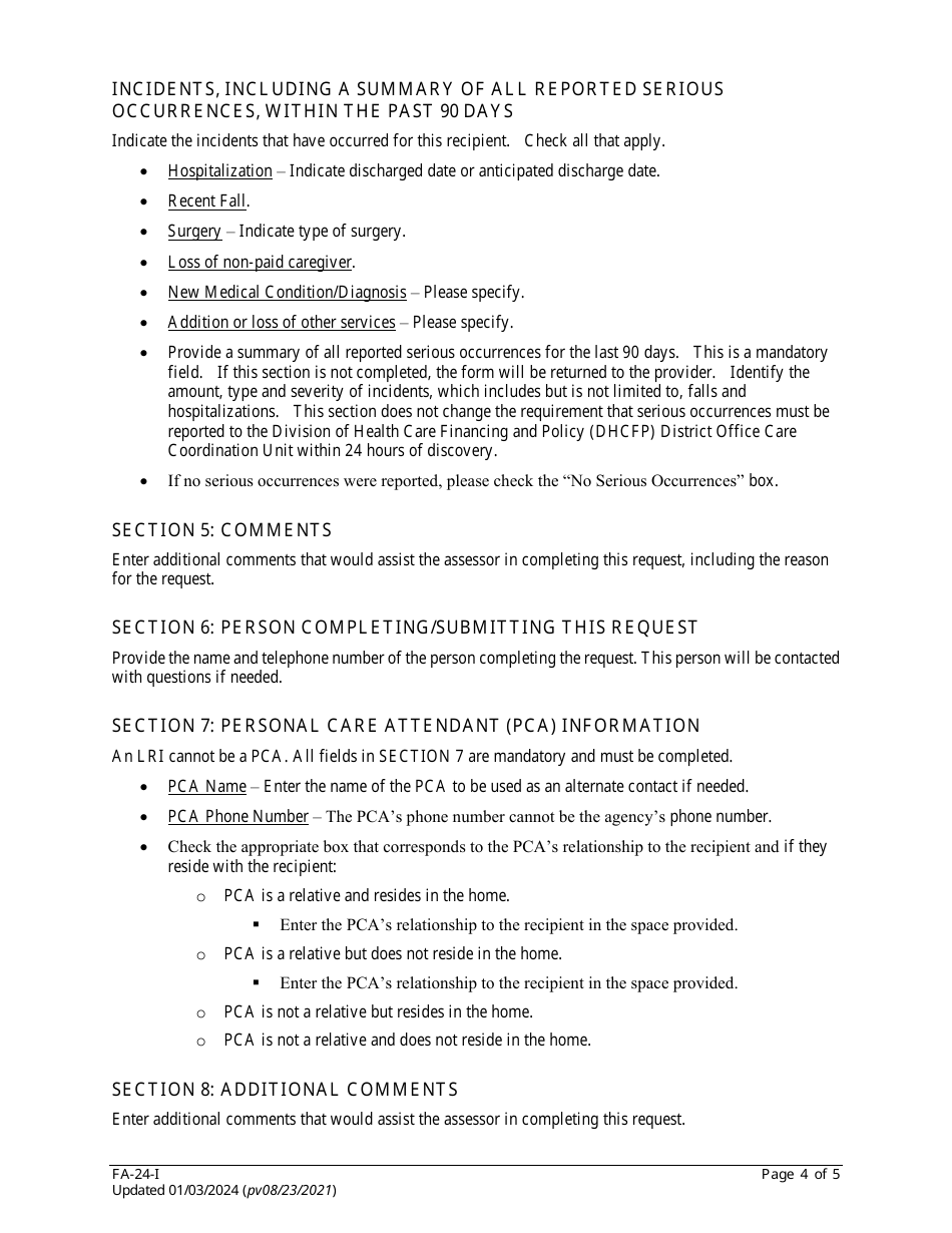 Instructions for Form FA-24 Authorization Request for Personal Care Services (PCS) - Nevada, Page 4