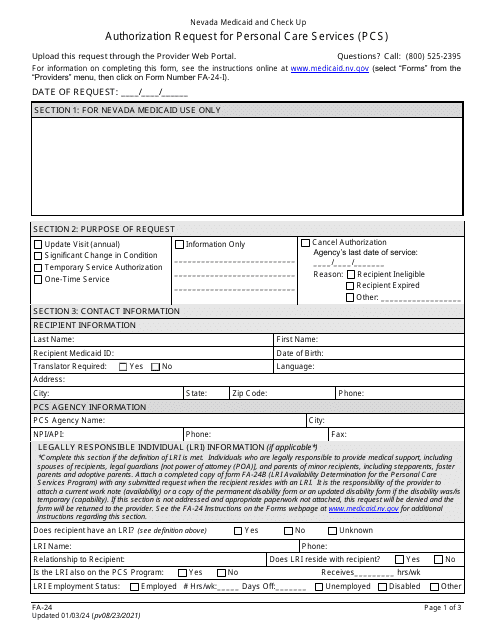 Form FA-24 Authorization Request for Personal Care Services (PCS) - Nevada