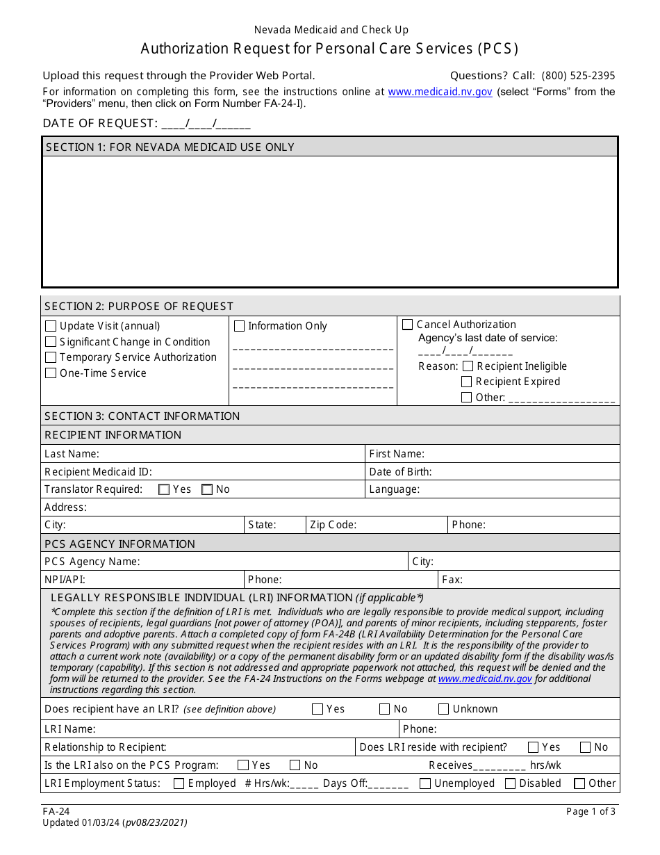 Form FA-24 Authorization Request for Personal Care Services (PCS) - Nevada, Page 1