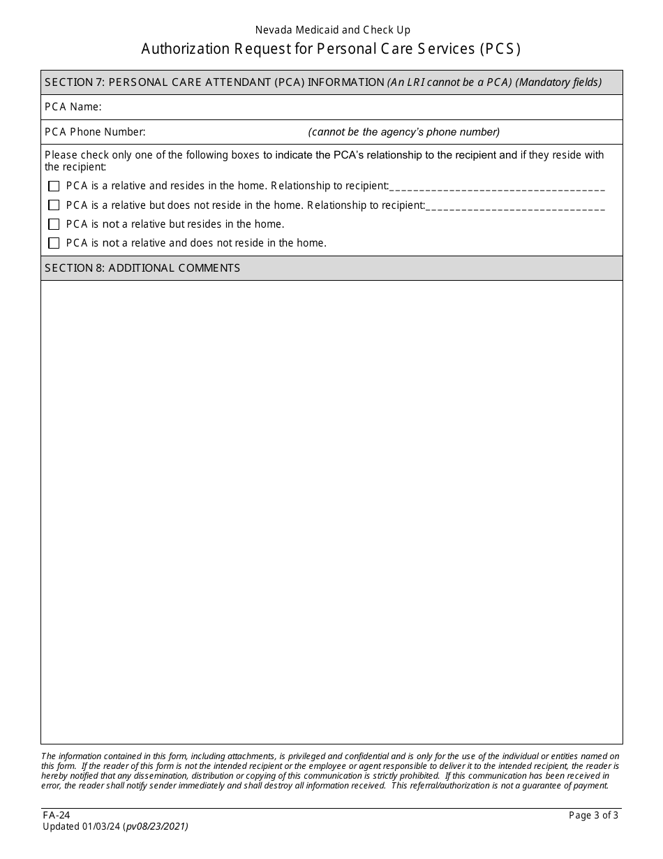 Form FA-24 Authorization Request for Personal Care Services (PCS) - Nevada, Page 3