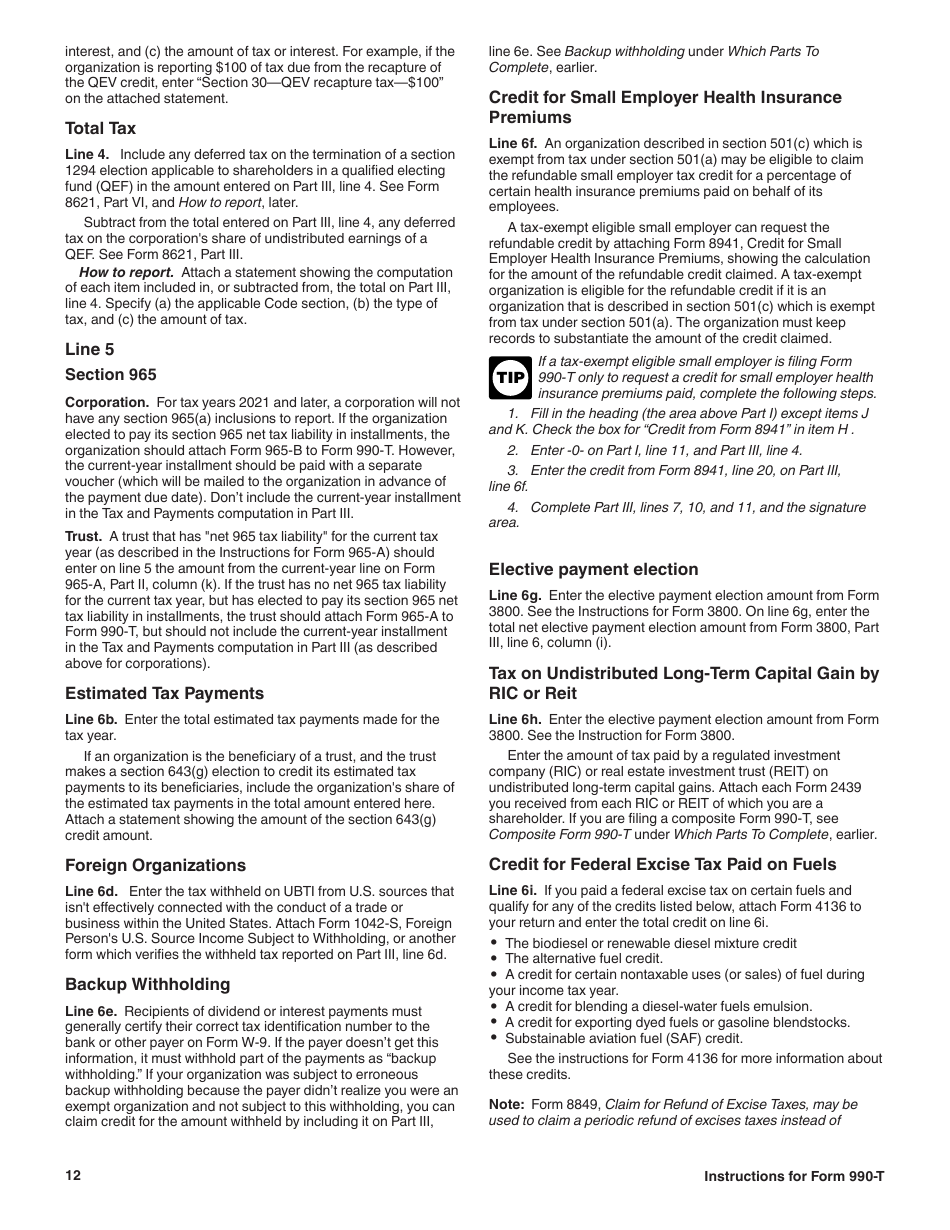 Instructions for IRS Form 990-T Exempt Organization Business Income Tax Return (And Proxy Tax Under Section 6033(E)), Page 12
