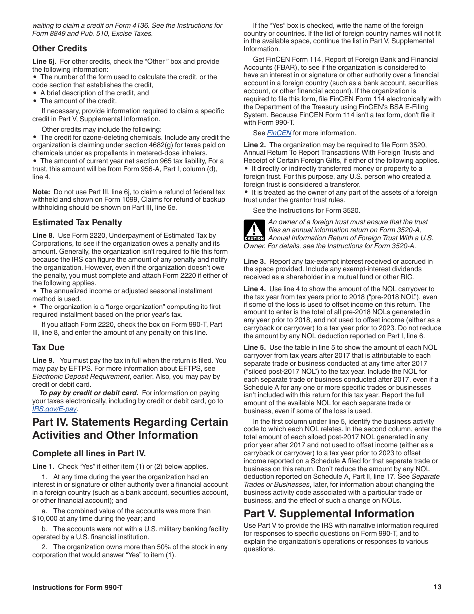 Instructions for IRS Form 990-T Exempt Organization Business Income Tax Return (And Proxy Tax Under Section 6033(E)), Page 13