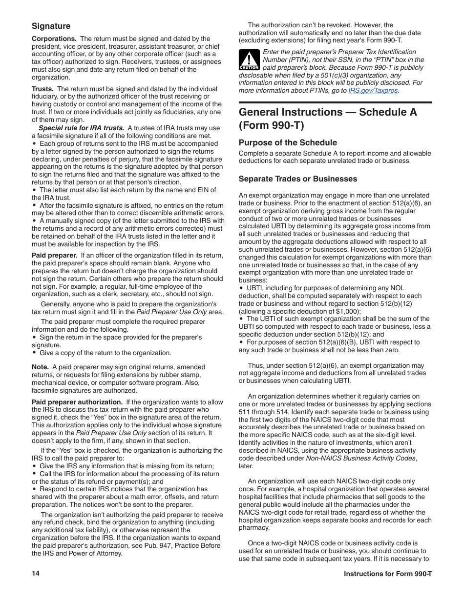 Instructions for IRS Form 990-T Exempt Organization Business Income Tax Return (And Proxy Tax Under Section 6033(E)), Page 14